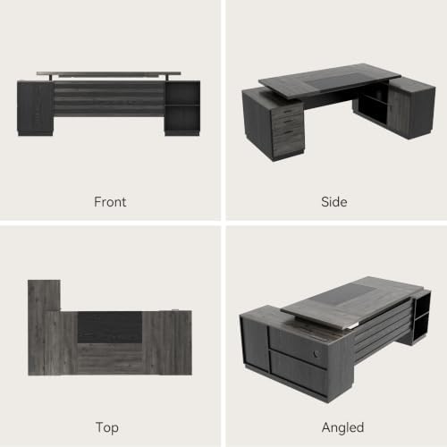 Epecoya L Shaped Desk with Drawers and Open Shelf 78-Inch, Grey Black