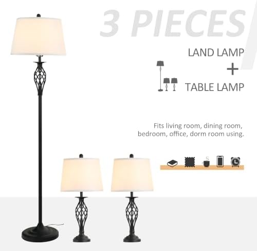HOMCOM 3 Piece Table Floor Lamp Set with Metal Pole Round Base Black/White