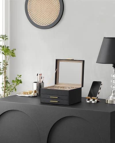 SONGMICS Jewelry Box Organizer, 3-Layer Storage with 2 Drawers, Glass Lid