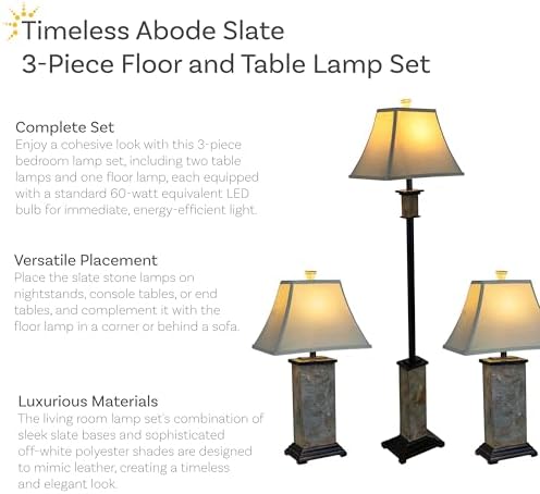 Sunnydaze Timeless Abode Slate 3-Piece Floor and Table Lamp Set - Matching In...