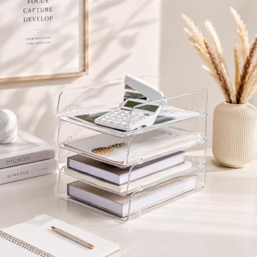 Clear Acrylic Paper Tray, 4 Tier Paper Organizer for Desk