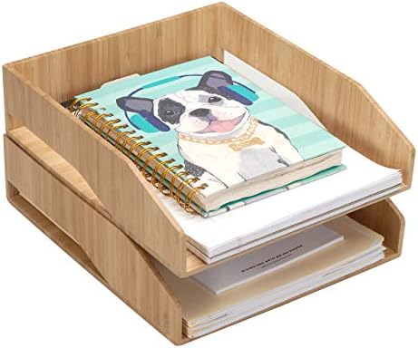 MobileVision 2 Pack Stackable Bamboo Paper Tray Office Organizer for Files, D...