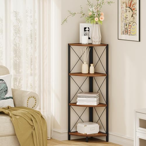 Snughome Rustic Corner Shelf Stand for Desktop, 4 Tier Corner Storage Plant S...