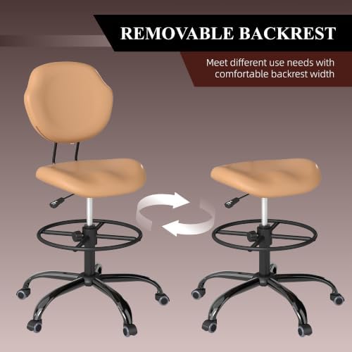 Drafting Chair with Back Support, Tall Desk Rolling Stool (Khaki, Set of 1)
