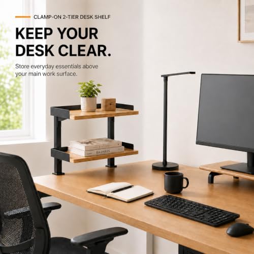13" Clamp On Desk Shelf, 2-Tier Bamboo Desktop Organizer