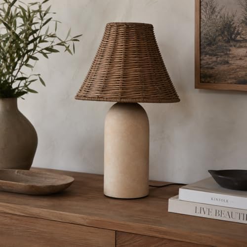 14" Small Mini Wicker Table Lamp – Handmade Ceramic Base with Rattan Sha...
