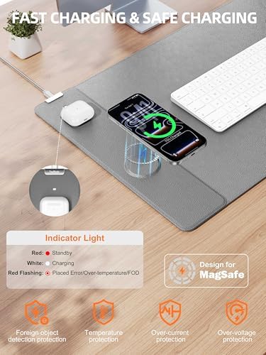 Mouse Pad with 15W Wireless Charging, XXL Large Leather Desk Mat, Gray