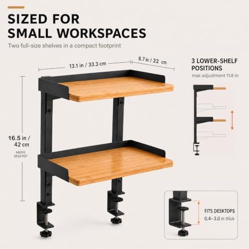 13" Clamp On Desk Shelf, 2-Tier Bamboo Desktop Organizer