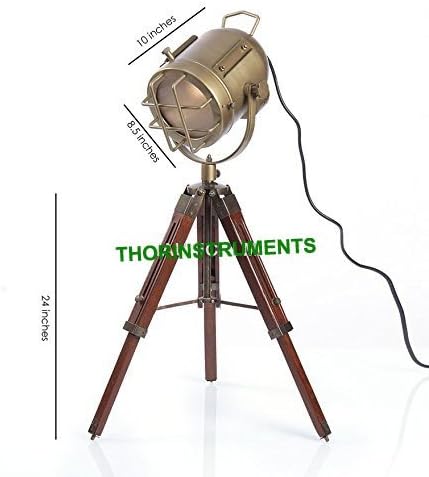 THOR INSTRUMENTS Vintage Industrial Tripod Table Lamp, Brown Brass Teak Wood