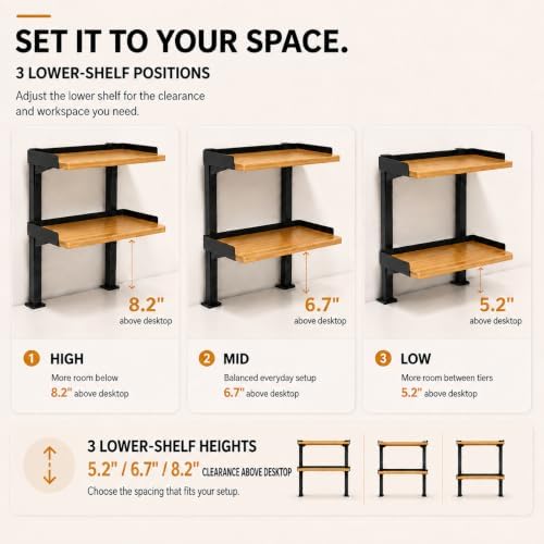 13" Clamp On Desk Shelf, 2-Tier Bamboo Desktop Organizer