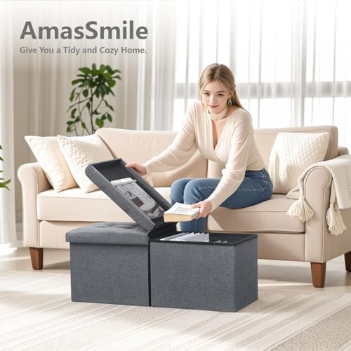 AmasSmile Footrest Ottoman Storage Bench,34" Linen Folding Chest,Gray