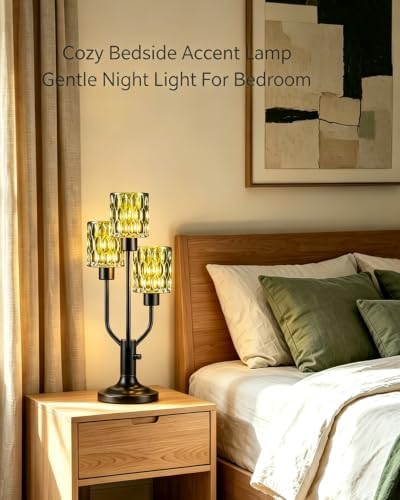 Mid Century Modern Green Glass Table Lamp Dimmable 3 Bulbs Included