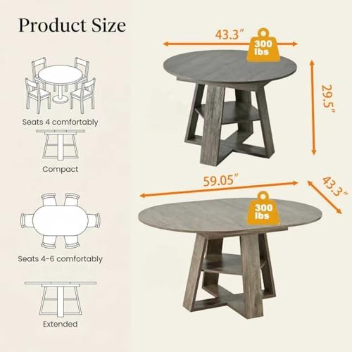 5-Piece Round Dining Table Set for 4, 43.3"-59" Extendable Round to...