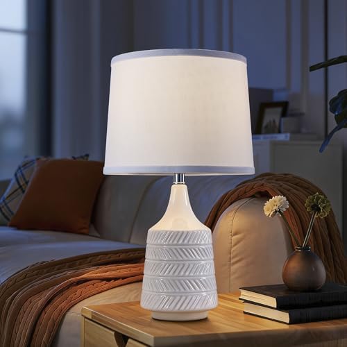 White Ceramic Table Lamps Set of 2, 18.5" Modern Bedside Lamps for Night...