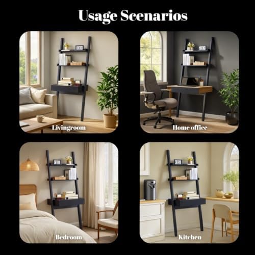 Home Office Desk with Ladder Shelf & Drawer, Computer Writing Desk with S...
