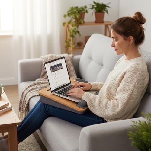 Bamboo Lap Desk for Laptop with Cushion Tablet Phone Holder Handle