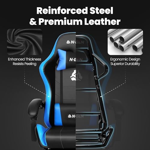 N-GEN GAMING Gaming Chair with Footrest, Lumbar Support, High-Back, Blue