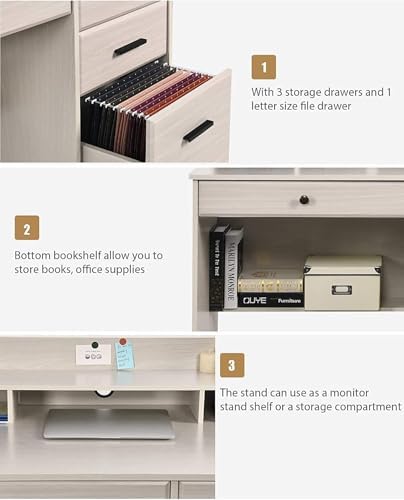 White Home Office Desk with 4 Drawers & Hutch, Computer Table for Bedroom...