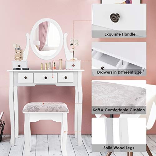 GIANTEX Girl Vanity Set with 5 Drawers, Makeup Dressing Table with Cushioned ...