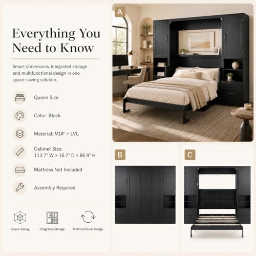 Queen Murphy Bed Cabinet with Desk & Storage, Wall Bed Cabinet Bed with C...