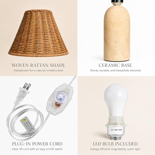 14" Small Mini Wicker Table Lamp – Handmade Ceramic Base with Rattan Sha...