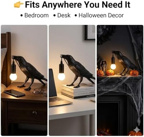 Shandaglo Raven Lamp Gothic Decor, Black Crow Table Light with LED Bulb E12
