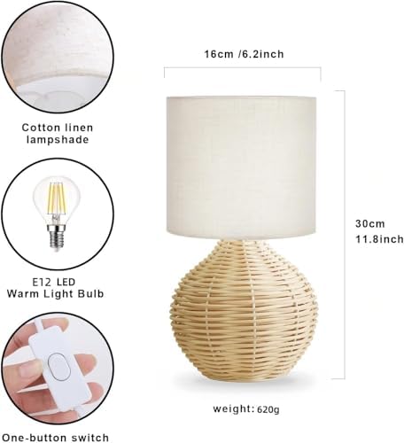 Rattan Table Lamp, Boho Farmhouse Style, Cotton Linen Lamp Shade, 6.2×6.2×11....