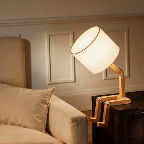Robot Bedside Lamp, Fabric Lampshade Match Foldable Solid Wood Body, Creative...