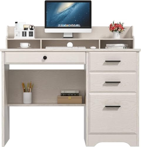 White Home Office Desk with 4 Drawers & Hutch, Computer Table for Bedroom...