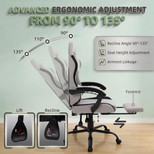 Gaming Chair for Adults, Computer Chair Fabric, Footrest, Reclining, Gray