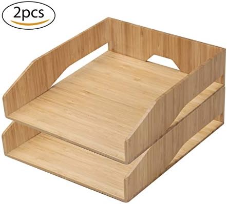 MobileVision 2 Pack Stackable Bamboo Paper Tray Office Organizer for Files, D...