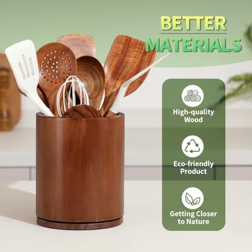 Walnut Utensil Holder, 360° Rotating 7.3 in Kitchen Organizer
