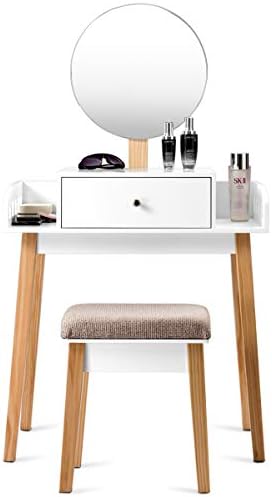 GIANTEX Vanity Table Set with Height Adjustable Round Mirror, Makeup Mirrored...