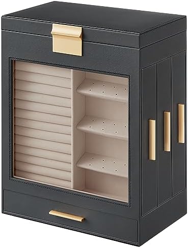 SONGMICS 5-Layer Jewelry Box with Glass Window, 3 Side Drawers