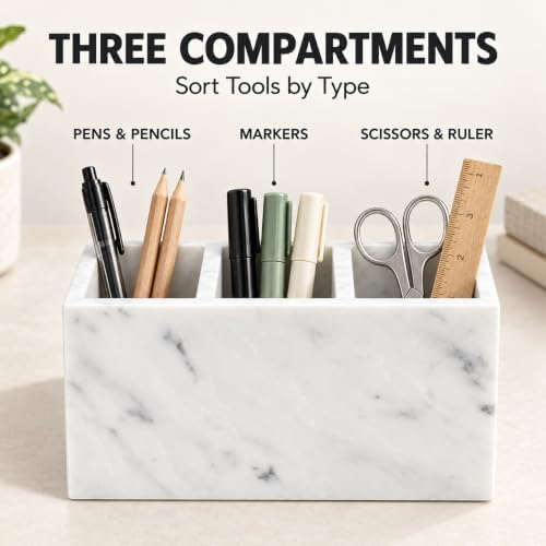 White Marble Pen Holder with 3 Compartments, Natural Stone Desk Organizer