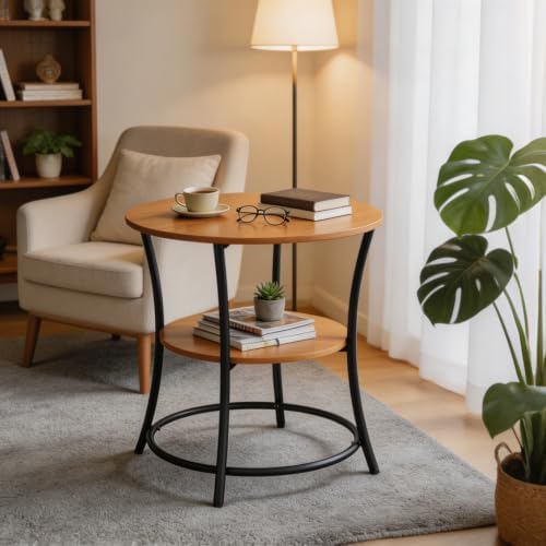 WLIVE 2 Tier Round End Table Steel Frame Small Space Living Room Nightstand