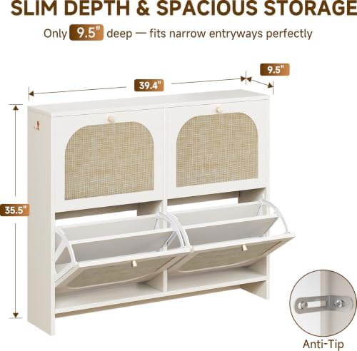 Nicetree Freestanding Ultra Slim Arched Rattan Accent Shoe Storage Cabinet fo...