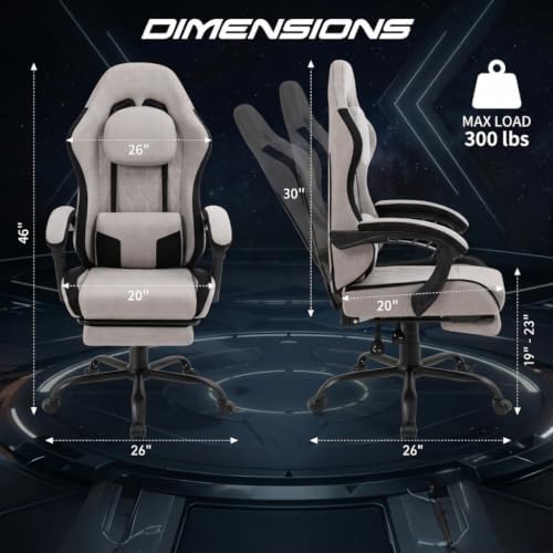 Gaming Chair for Adults, Computer Chair Fabric, Footrest, Reclining, Gray