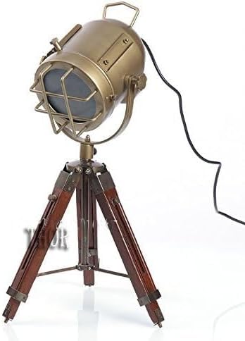 THOR INSTRUMENTS Vintage Industrial Tripod Table Lamp, Brown Brass Teak Wood