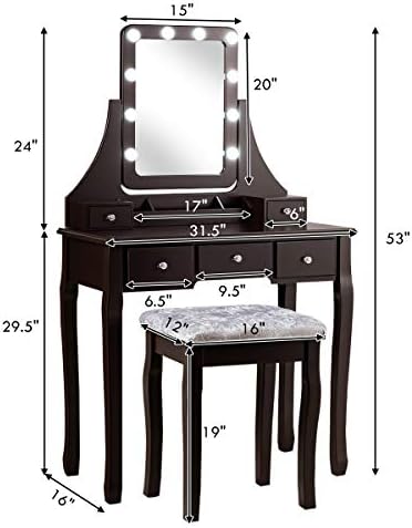 DORTALA Vanity Table Set w/ 360-Degree Rectangular Mirror & Cushioned Sto...