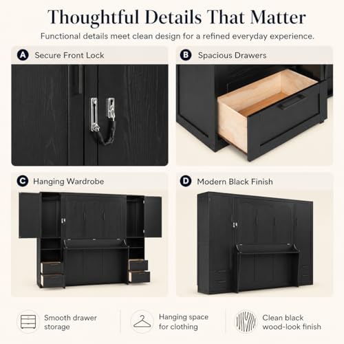 Queen Murphy Bed Cabinet with Desk & Storage, Wall Bed Cabinet Bed with C...