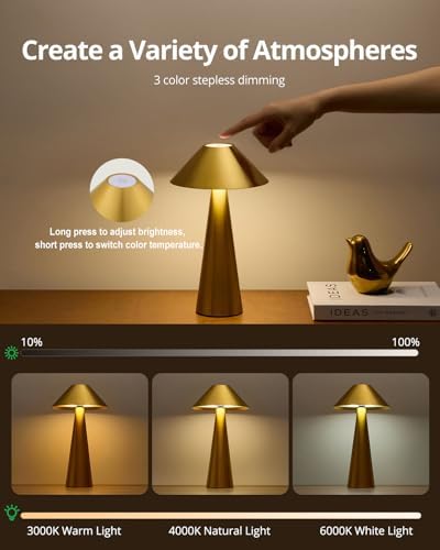 Bojim Rechargeable Cordless Table Lamp, Gold LED Battery Operated Wireless Ta...