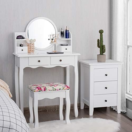 DORTALA Vanity Table Set with Round Mirror, Makeup Desk with Cushioned Stool,...