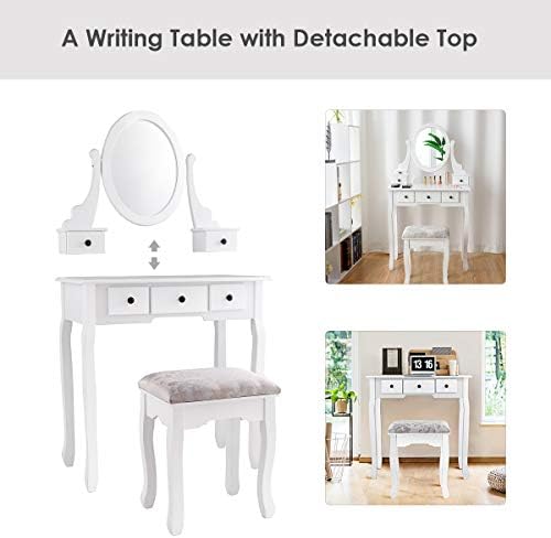 GIANTEX Girl Vanity Set with 5 Drawers, Makeup Dressing Table with Cushioned ...