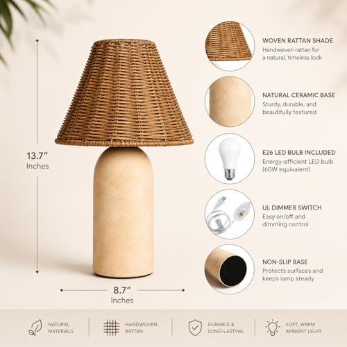 14" Small Mini Wicker Table Lamp – Handmade Ceramic Base with Rattan Sha...