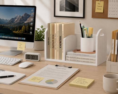 Wood Desktop Bookshelf, Upright Tabletop Book Shelf With Adjustable Divider S...