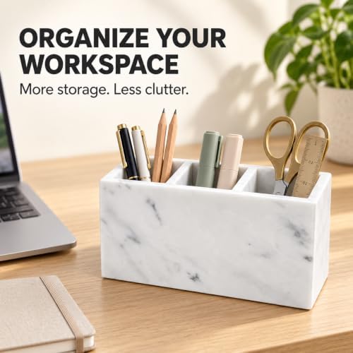 White Marble Pen Holder with 3 Compartments, Natural Stone Desk Organizer