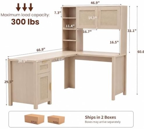 IDEALHOUSE L Shaped Desk with Storage, Computer Desk with Hutch, Wood