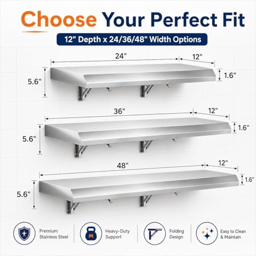 Folding Concession Shelf 24 x 12 Inch, Stainless Steel Fold Down Shelf