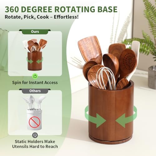 Walnut Utensil Holder, 360° Rotating 7.3 in Kitchen Organizer